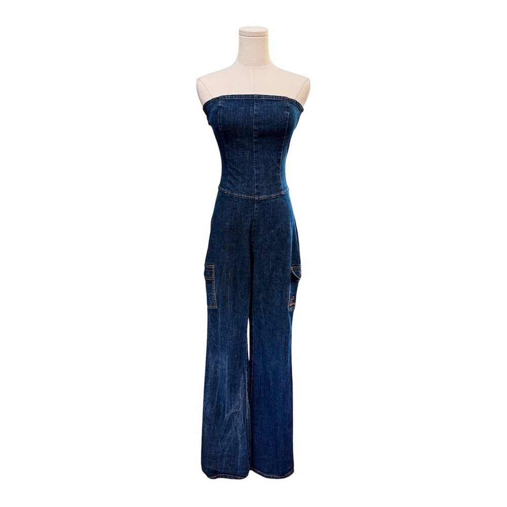 VTG FUBU Strapless Denim Cargo Jumpsuit Womens S Stretch Wide Leg Y2K Hip Hop